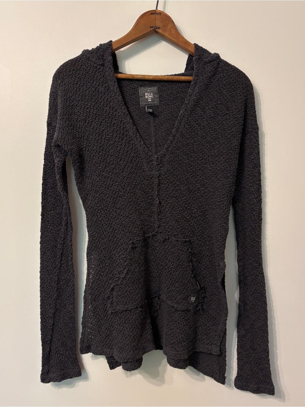 Billabong Knit Pullover Hoodie Sweater V Neck Long Sleeves Dark Gray Small